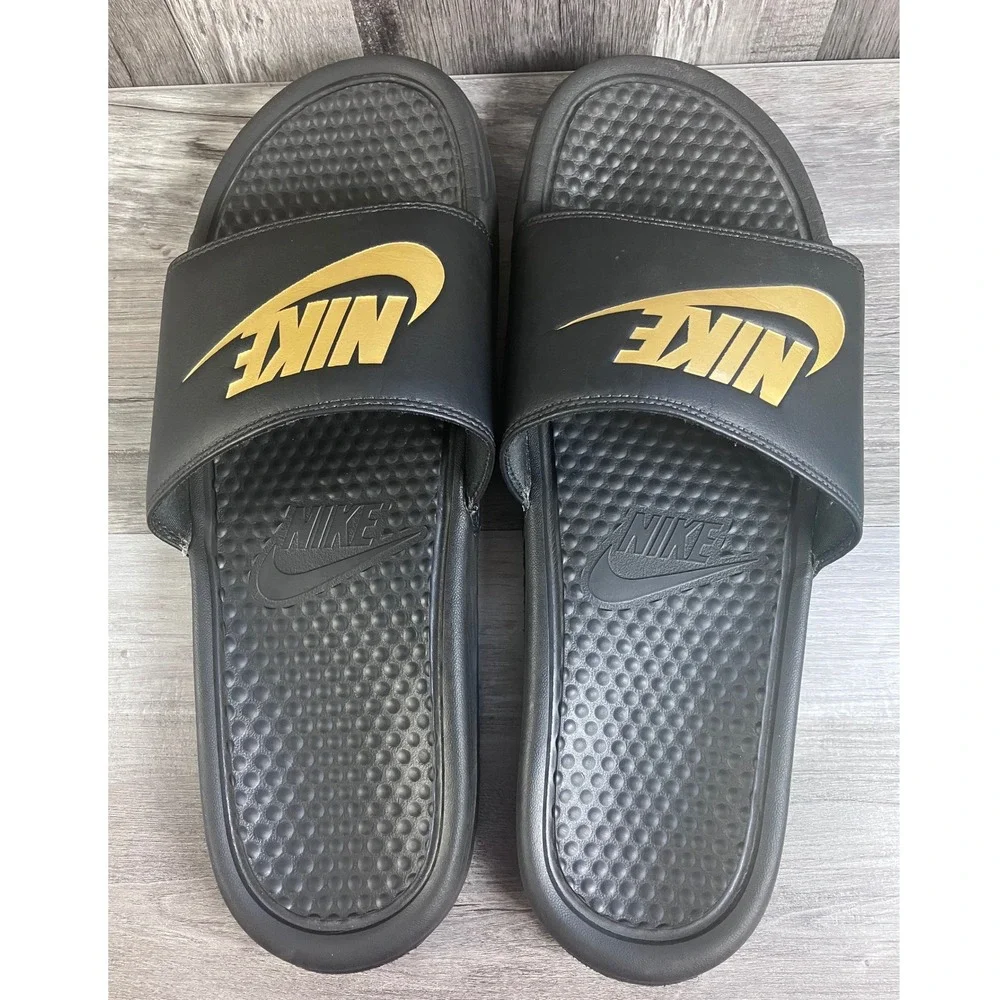 Nike Benassi JDI Slides Mens 12 Black Metallic Gold Sandals 343880-016